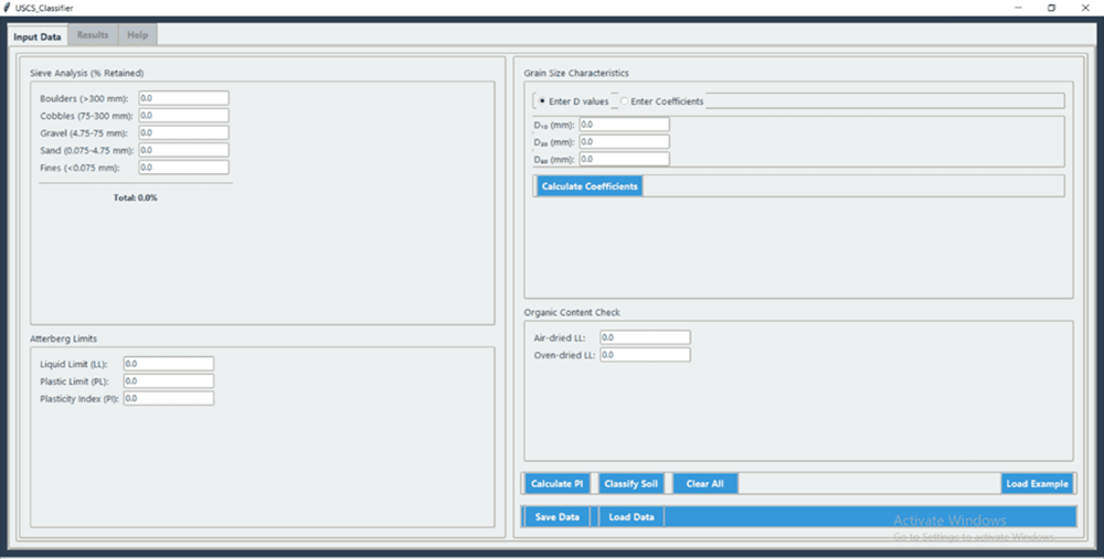 GeoGrade Sieve Analysis GUI Input